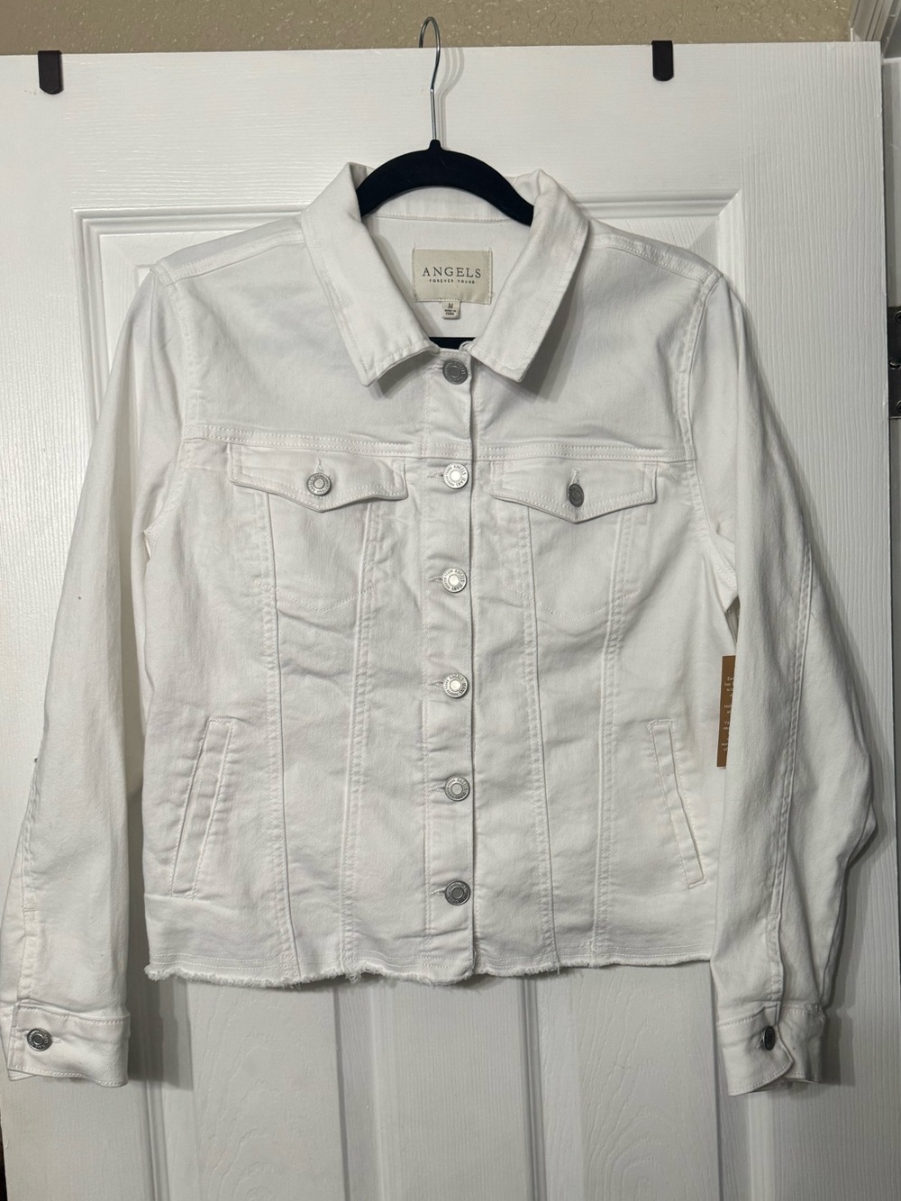 Angels White Denim Trucker Jacket with Raw Hem